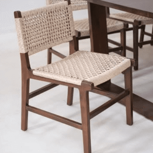 Kursi cafe kayu jati minimalis dengan sandaran rotan alami dan jok kain abu-abu produksi Karya Mebel Jepara